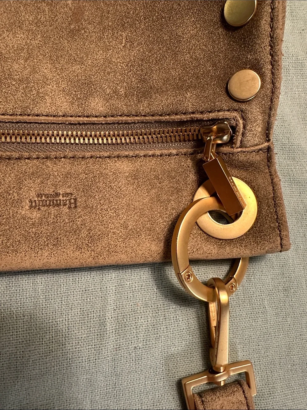 Hammitt Taupe Suede Crossbody with Gold Studs